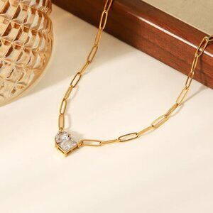 18K Gold Plated Paper Clip Geometric Necklace | Simulated Clear Stones
